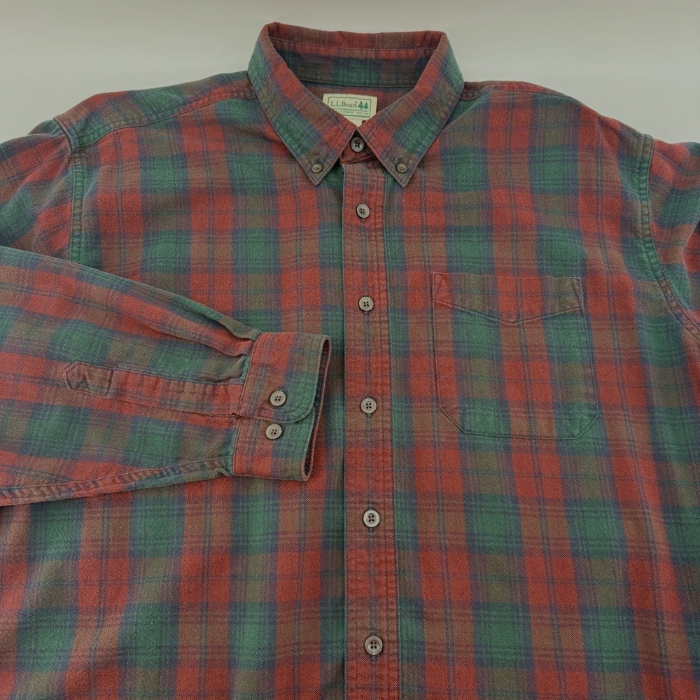 LL Bean Mens XL Regular Flannel Shirt Red Green Plaid Cotton Button Down 0BHF4